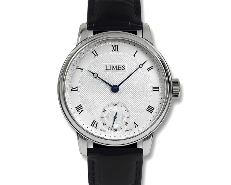 Limes Pharo dress watch with silver guilloche dial, Roman numeral hour markers, small seconds subdial, and black leather strap on white background