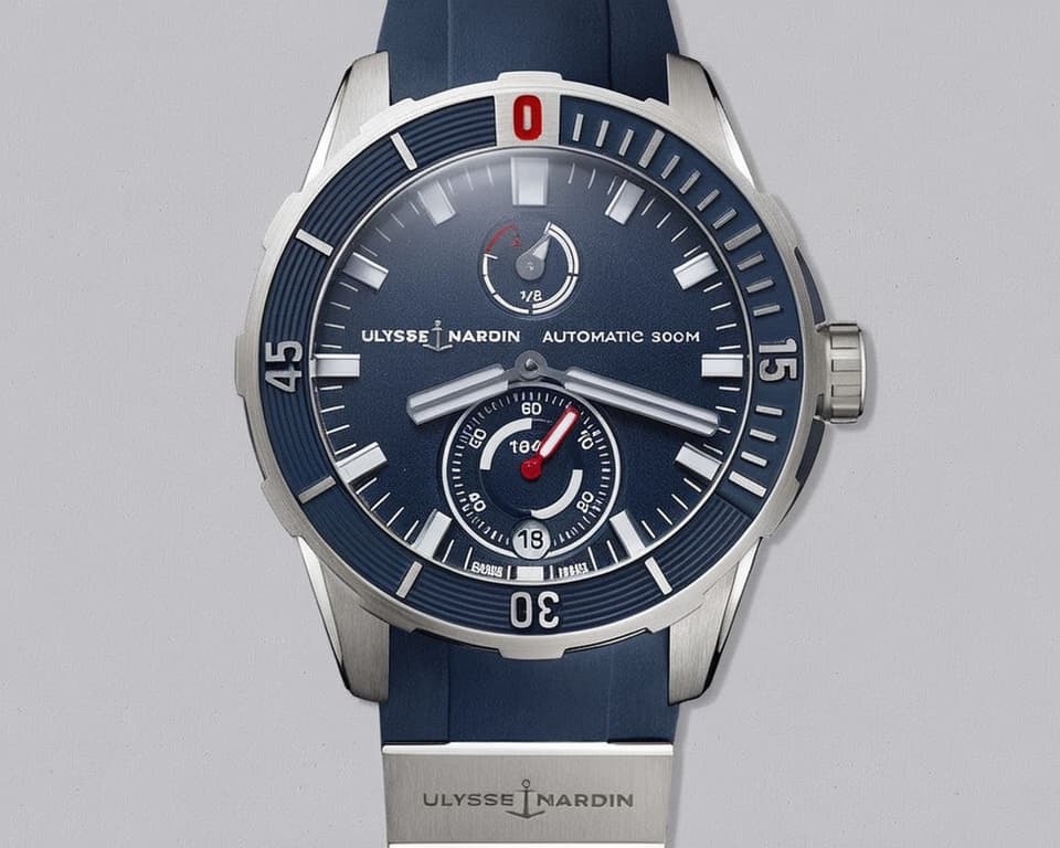 Ulysse Nardin diver watch with blue dial, steel case, and rubber strap showcasing marine chronometer heritage and modern design