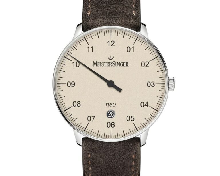 MeisterSinger Neo single hand watch with ivory cream dial, black hour hand, date display at 6 o'clock, and brown leather strap