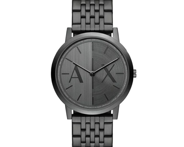 Armani Exchange men's black stainless steel watch with textured dial and five-link bracelet showing minimalist A|X branding