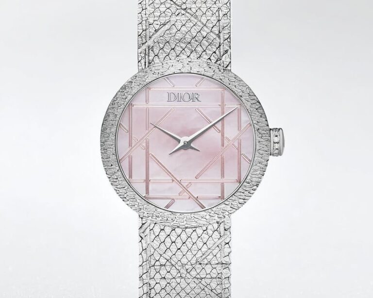 Dior La D de Dior watch with pink mother of pearl dial featuring signature Cannage quilted pattern and diamond set case