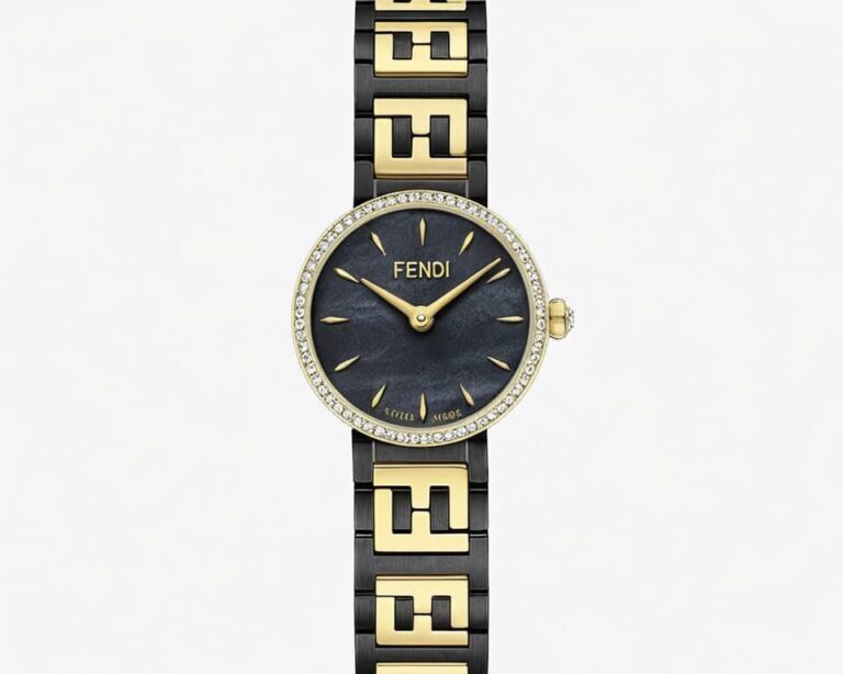 Fendi Forever women's watch with black PVD and gold-plated bracelet featuring FF logo links and diamond-set bezel