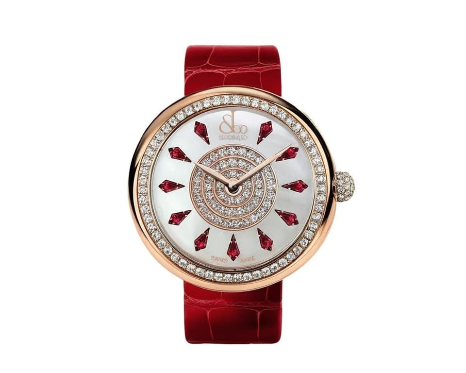 Jacob & Co diamond-set women's watch with mother of pearl dial, ruby hour markers, and red alligator leather strap in rose gold