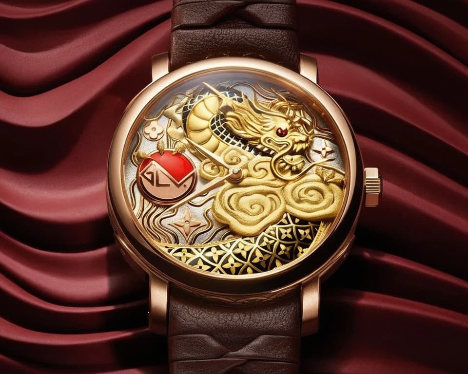 Louis Vuitton luxury watch featuring intricate hand-engraved dragon design on rose gold case with brown leather strap showcasing haute horlogerie craftsmanship and decorative arts