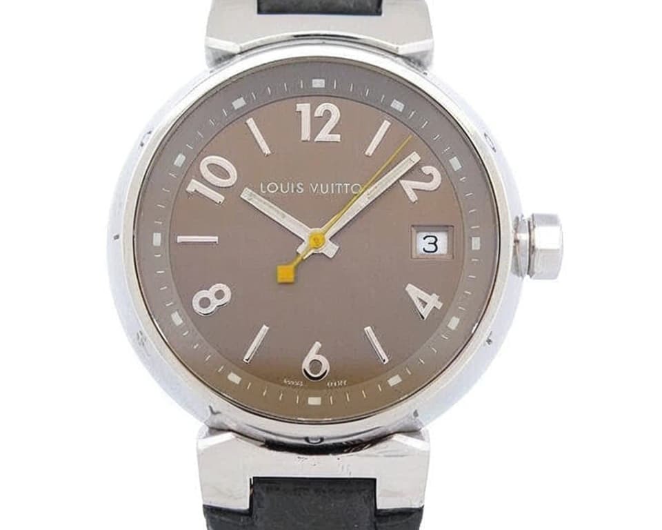 Louis Vuitton Tambour watch with distinctive drum-shaped steel case, brown dial, date window, and signature design on black leather strap