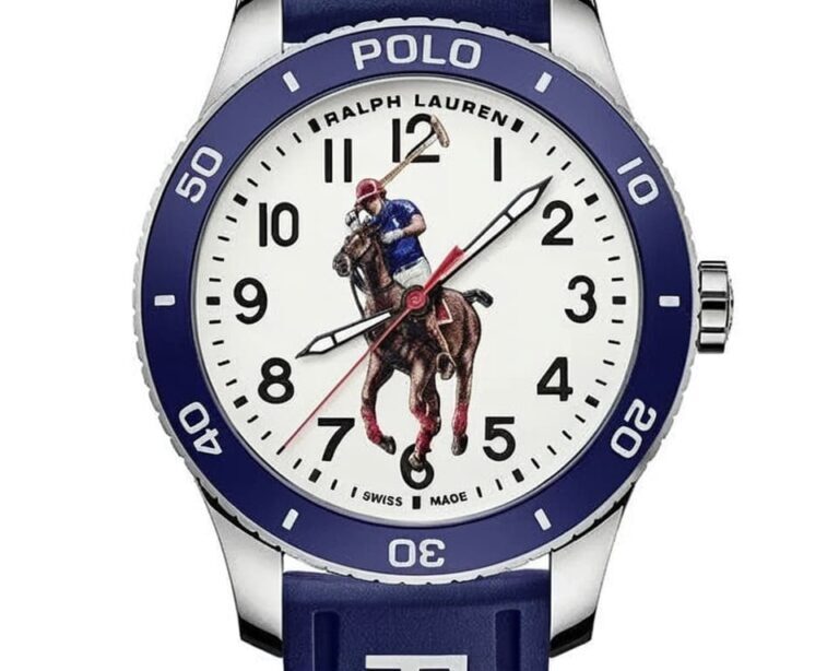 Ralph Lauren Polo watch with blue rotating bezel featuring polo player on white dial and rubber strap