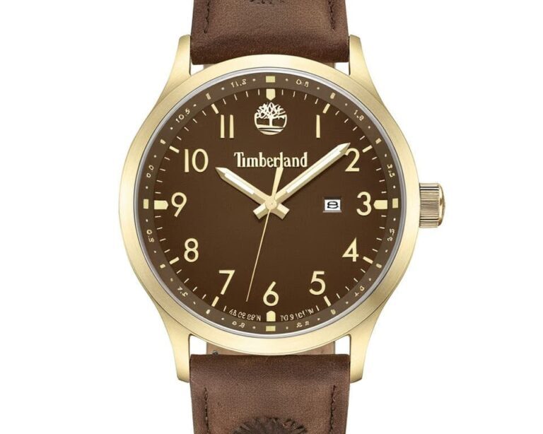 Timberland watch with brown leather strap and gold-tone case showing Arabic numerals and tree logo on brown dial