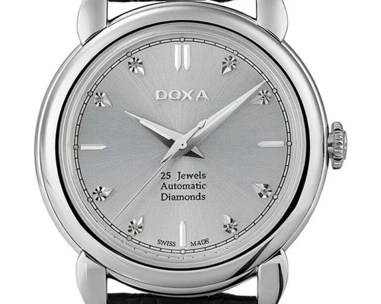 Doxa 25 jewels automatic watch featuring diamond hour markers and silver sunburst dial with Swiss made movement