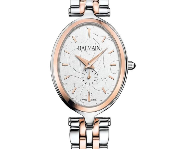 Balmain women's oval watch with bicolor rose gold and stainless steel bracelet featuring arabesque pattern dial and small seconds subdial
