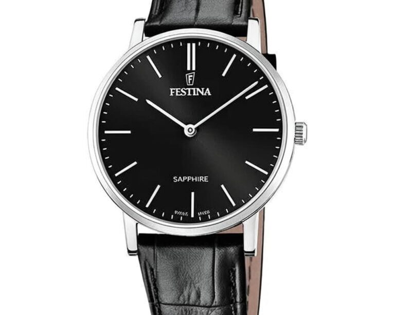 Festina dress watch with black dial, sapphire crystal, white stick indices, and black leather strap on white background