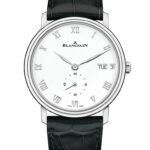 Blancpain Villeret with white dial, Roman numerals, small seconds subdial, day-date display and black alligator leather strap