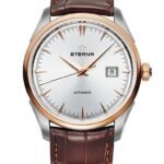 Eterna 1948 Automatic Rose Gold Two Tone Silver Dial Brown Leather Strap Watch