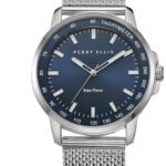 Perry Ellis solar power watch with blue dial, tachymeter bezel and stainless steel mesh bracelet