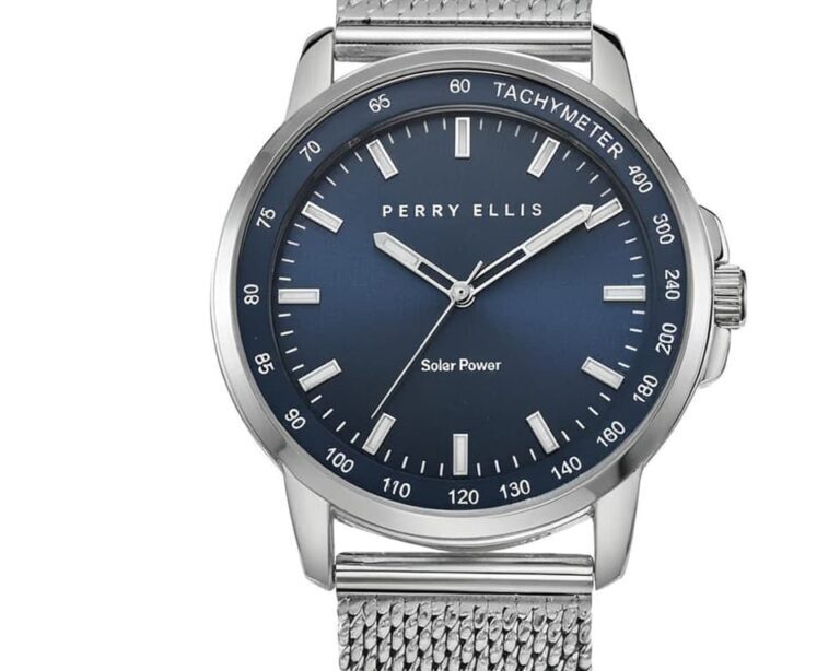 Perry Ellis solar power watch with blue dial, tachymeter bezel and stainless steel mesh bracelet
