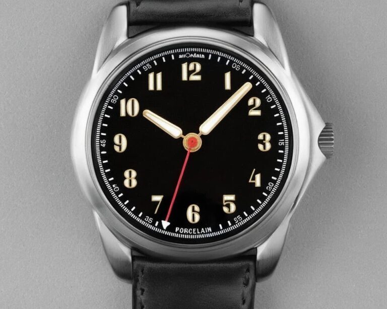 anOrdain Model 2 Porcelain with deep black dial, cream hands and red central seconds hand on a black leather strap