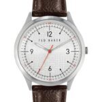 Ted Baker men's watch with silver case, white dial, and brown leather strap
