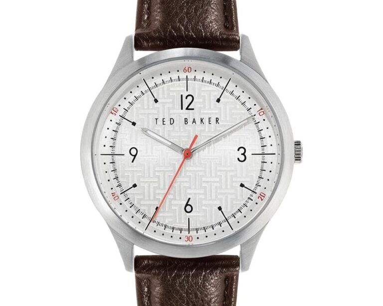Ted Baker men's watch with silver case, white dial, and brown leather strap