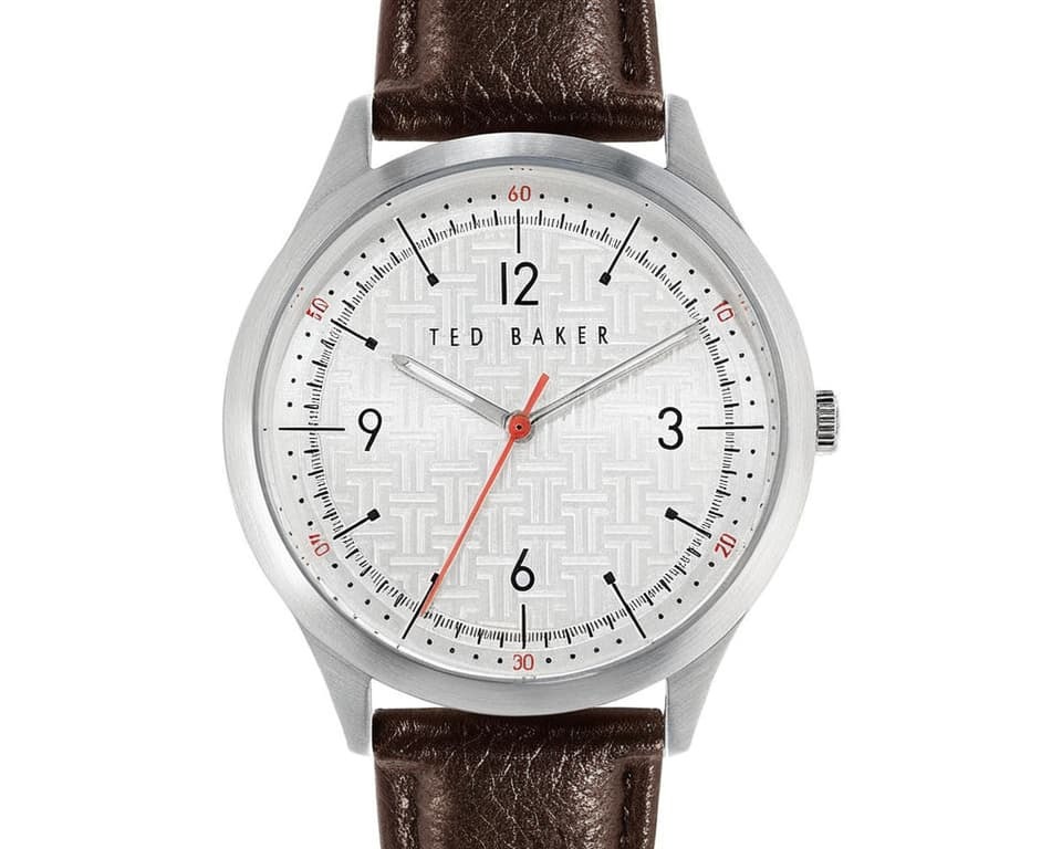 Ted Baker men's watch with silver case, white dial, and brown leather strap